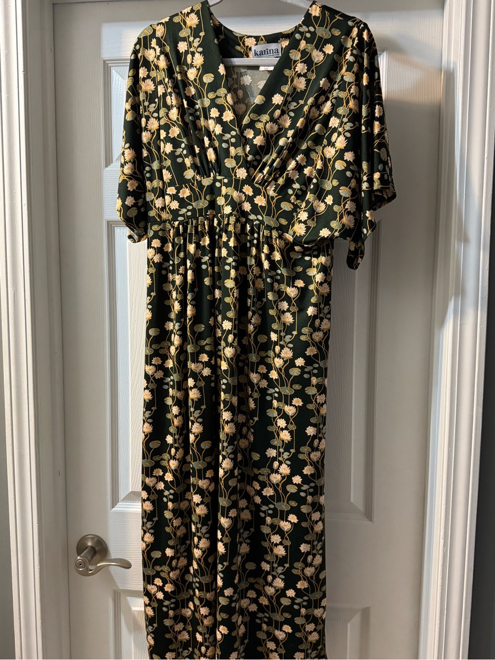 Karina Olive Green Floral V-Neck Maxi Dress with Cream Flowers